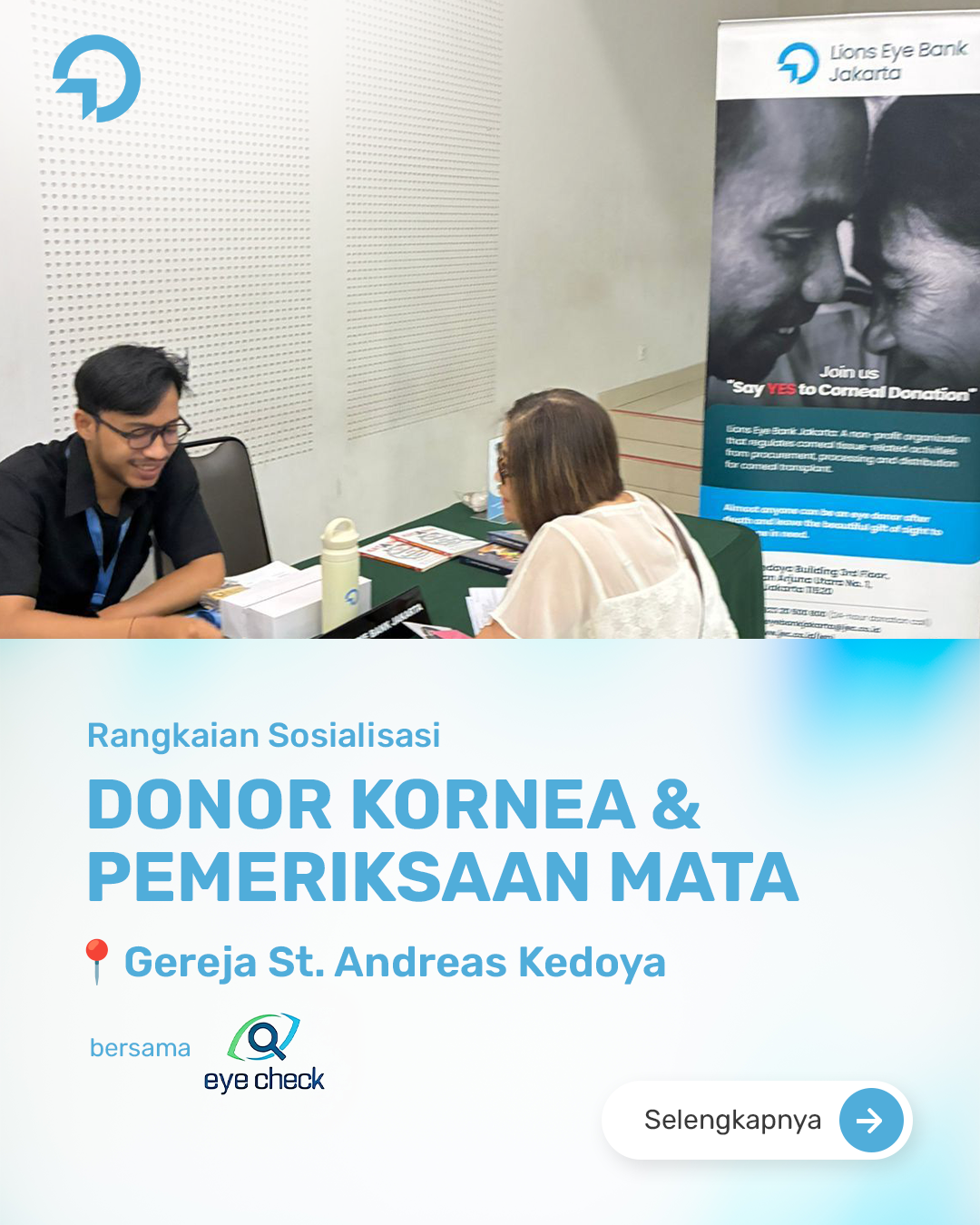 Lions Eye Bank Jakarta (LEBJ) bersama @eyecheck.id baru saja menggelar sosialisasi donor kornea dan pemeriksaan mata komprehensif di Gereja St. Andreas Kedoya.